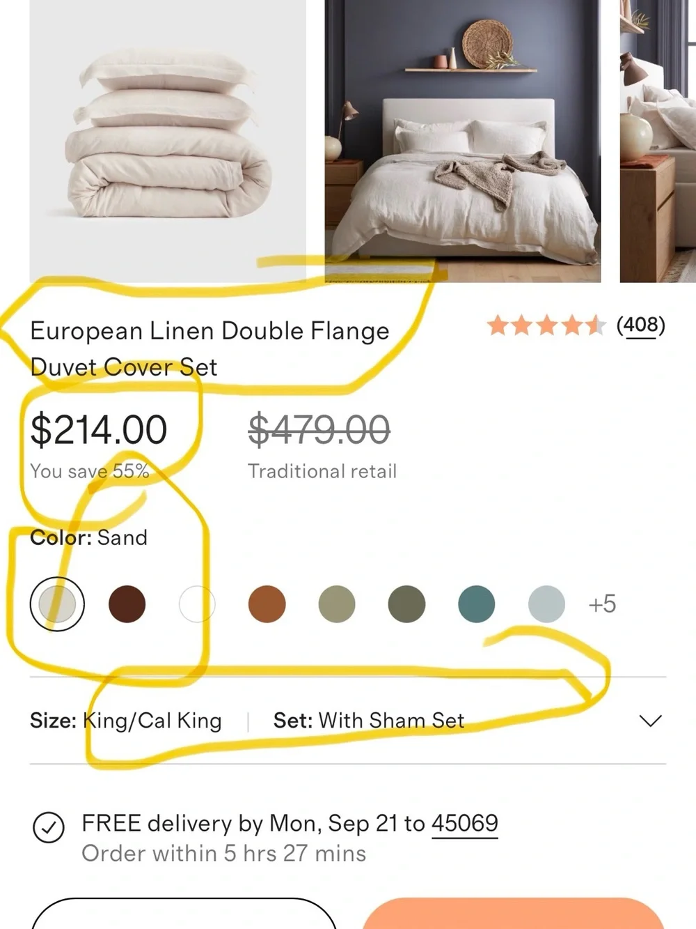 NEW Quince KING European Linen Double Flange Duvet Cover SET Sand $214
